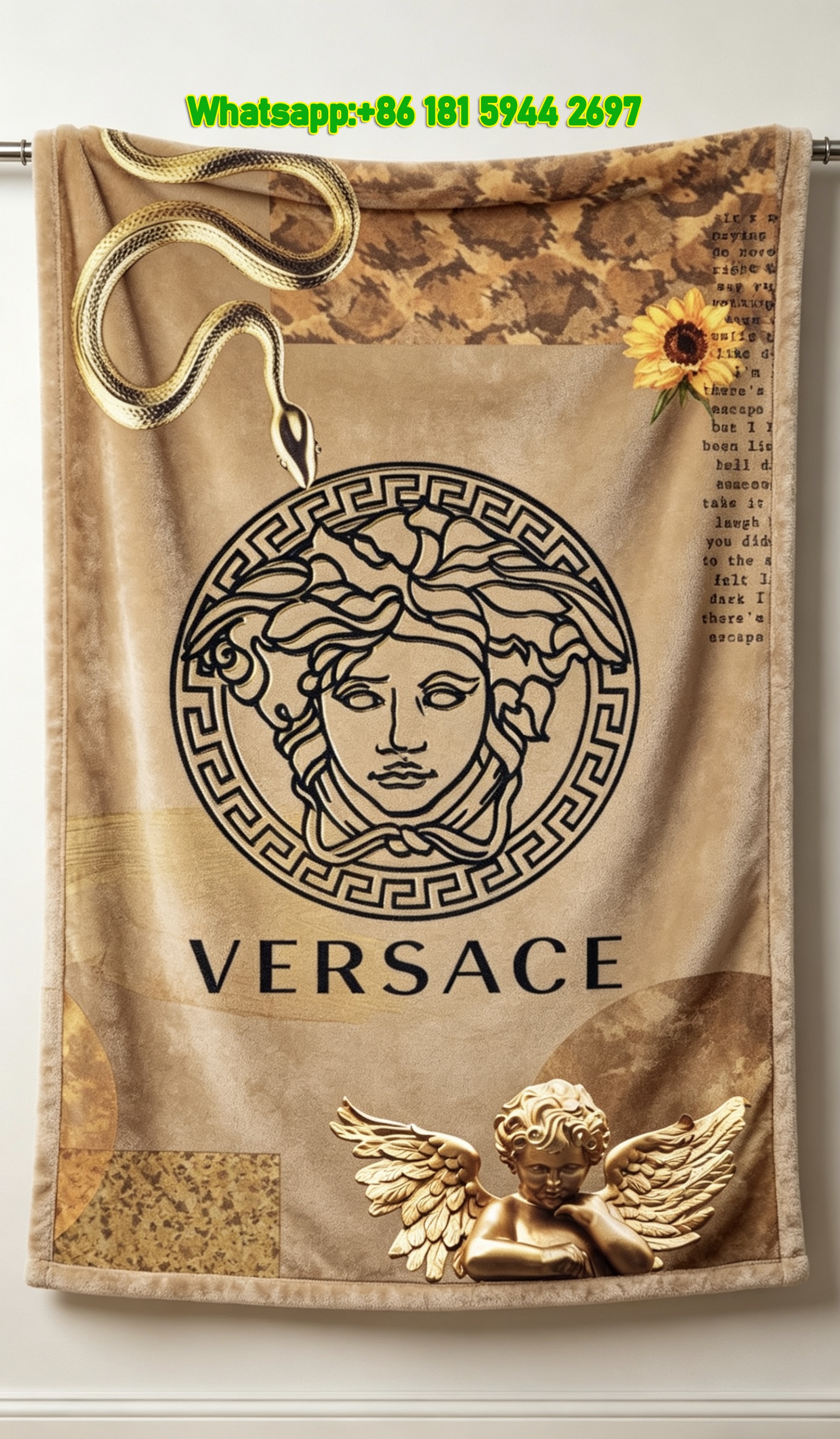 Warm Beige Versace Medusa Snake Angel Print Fleece Throw Blanket IMG_1384